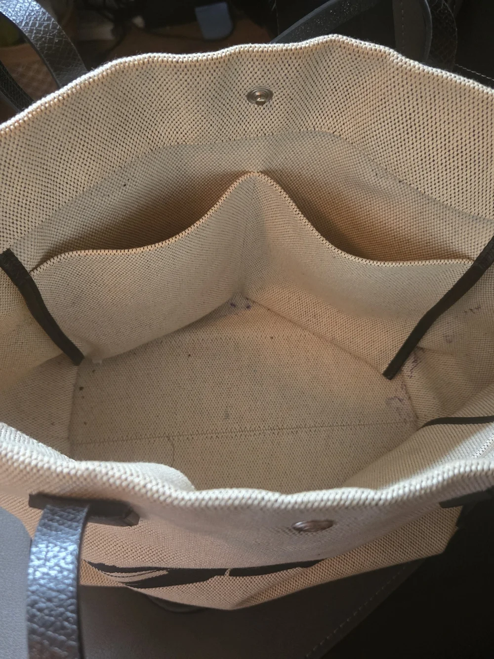 Longchamp Canvas Tote Bag in Beige with Black Handles